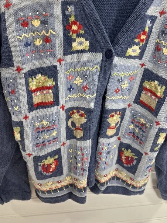 VTG Koret City Blues Blue Floral Plant Beaded Long Sleeve Cardigan Sweater Sz M - Picture 7 of 10